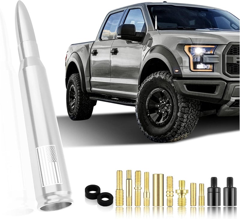 Turcee Car Bullet Antenna,Truck Exterior Decoration Accessories Car Vehicle Replacement Antenna Conpatible with Ford F150 RAM 1500 GMC Heavy Duty Pickup Trucks Accessories (New Upgrade Silver-U.S. Flag)… - Image 1